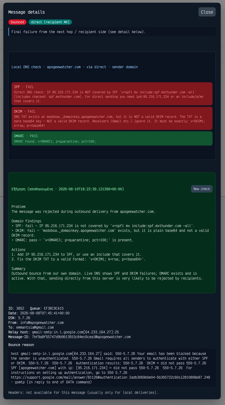 MailOps message diagnostics — SPF, DKIM, DMARC cards and AI remediation guidance
