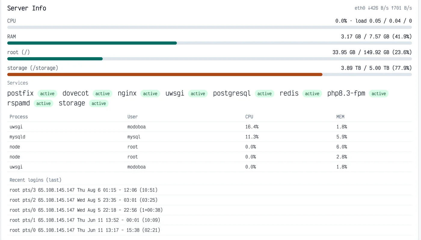 MailOps Server Info panel — CPU, memory, disk, services and top processes