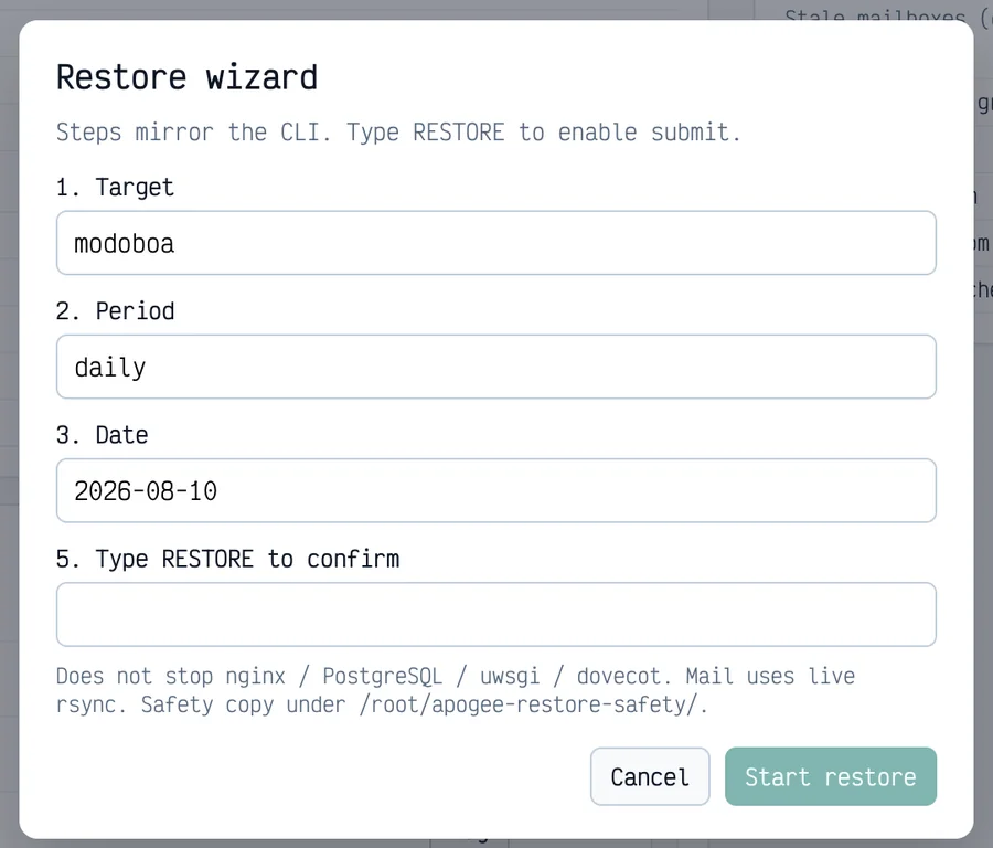 MailOps restore wizard — choose stream, period and backup date